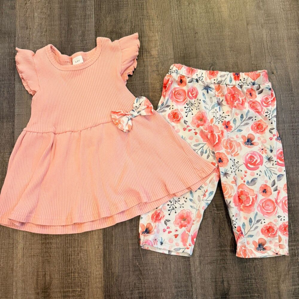 Toddler Girl Floral Outfit Set Pink Ribbed Ruffle Tunic Top Capri Pants 5Y-6Y